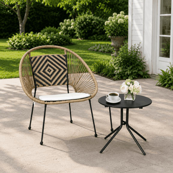 Gesura 2-Piece Patio Bistro Set PE Rattan Chairs with Glass Coffee Table & Cushions All-Weather for Balcony Poolside Garden Small Spaces Light Rattan