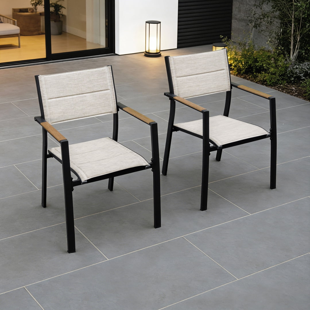 2-Piece Outdoor Patio Dining Chairs, Large Aluminum Frame Stackable Armchairs (Weight Capacity 275 lbs), Teak