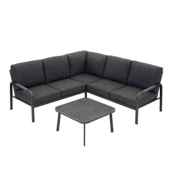 CozyJoy Aluminum Outdoor Corner Sofa Set with Coffee Table – Rattan Backrest Patio Lounge Furniture for Courtyard and Balcony ,Grey