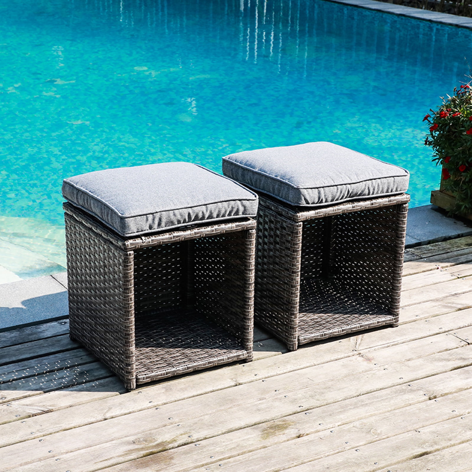 2 Piece Outdoor Patio Ottoman, All Weather Rattan Wicker Footstools