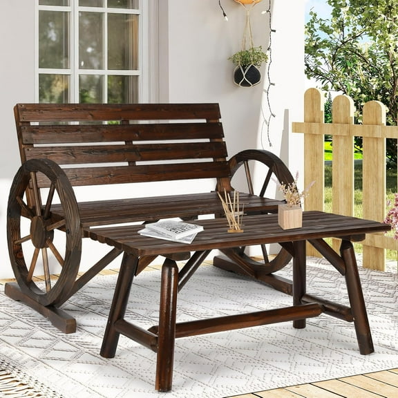 2-Piece Outdoor Patio Wooden Loveseat with Table Set, Rustic 2-Person Seat Patio Bench with Coffee Table, Patio Furniture Set w/Slatted Design & Wagon Wheel Armrest for Garden, Carbonized
