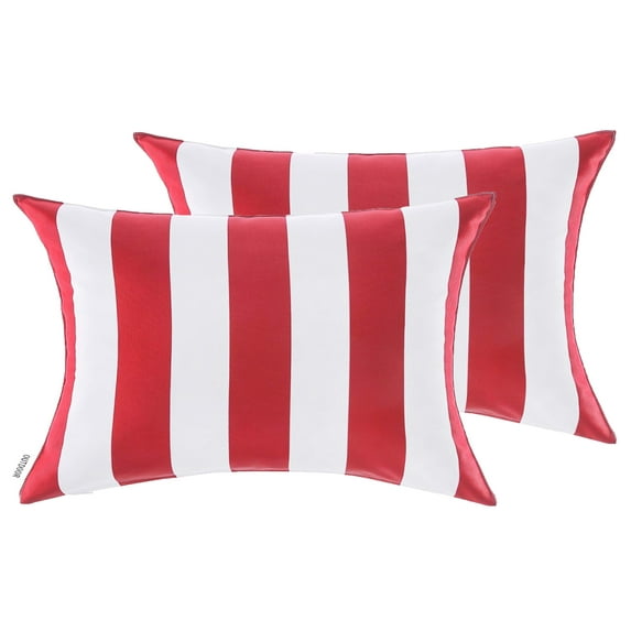 2-Piece Outdoor Pillow Covers 12 x 18 inch Patio Decorative Lumbar Throw Pillow Covers (12" x 18" Stripe, Red)