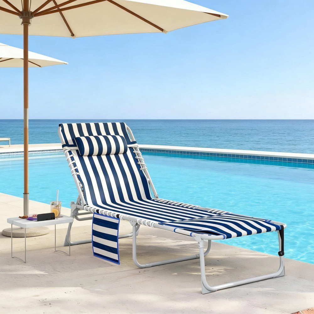 2-Piece Outdoor Pool Lounge Chair with Side Table & Side Pocket 5-Position Adjustable Backrest Face & Arm Holes Folding Beach Lounger with Carry Strap 600D Oxford Fabric for Patio Beach Poolside