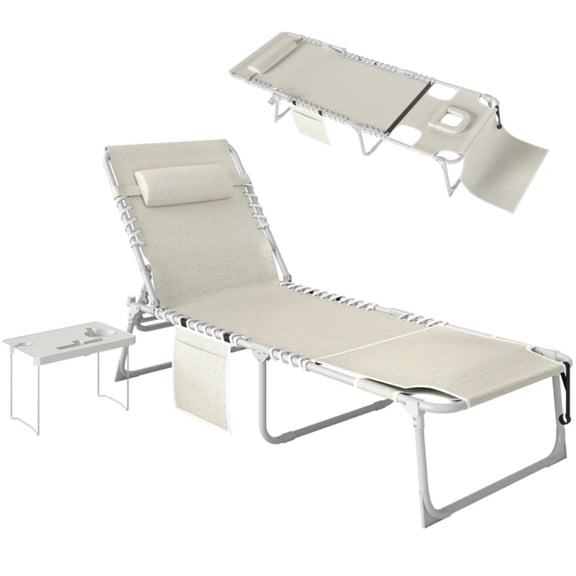 2-Piece Outdoor Pool Lounge Chair with Side Table & Side Pocket 5-Position Adjustable Backrest Face & Arm Holes Folding Beach Lounger with Carry Strap Breathable Mesh for Patio Beach Poolside