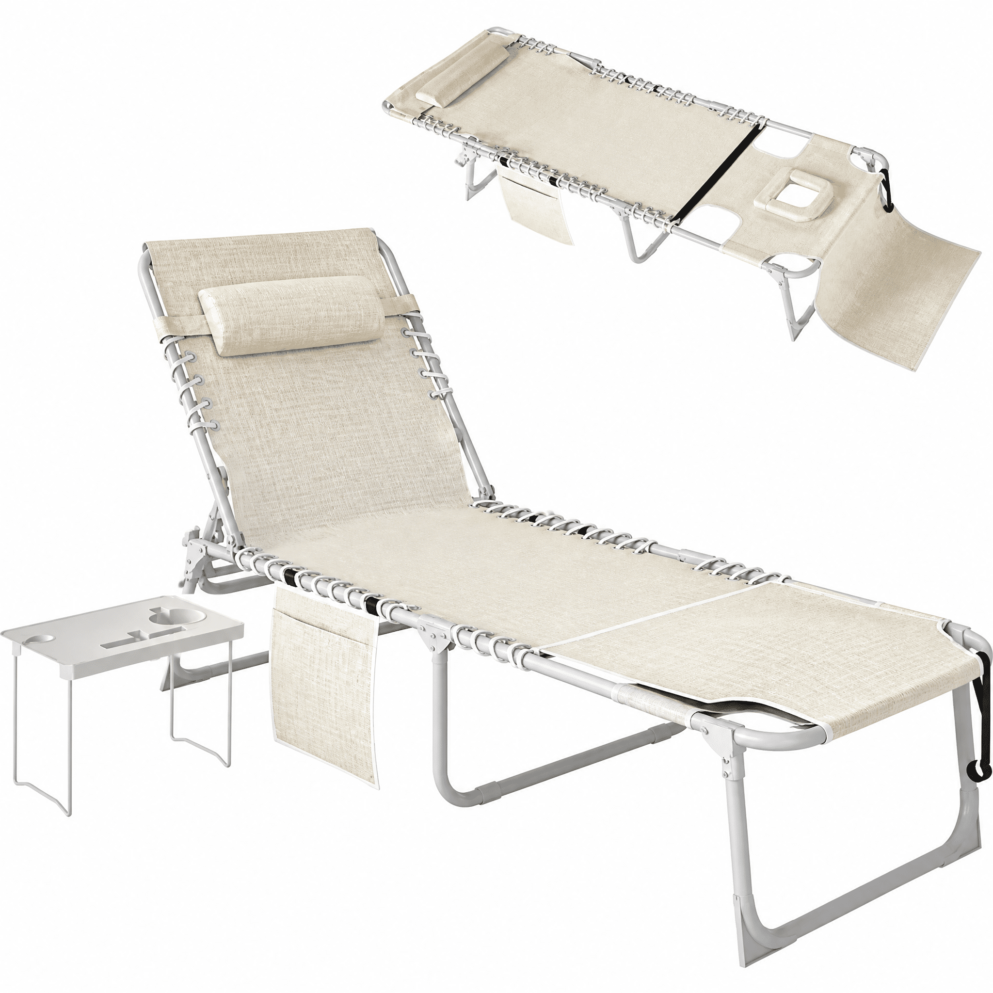2-Piece Outdoor Pool Lounge Chair with Side Table & Side Pocket 5-Position Adjustable Backrest Face & Arm Holes Folding Beach Lounger with Carry Strap Breathable Mesh for Patio Beach Poolside