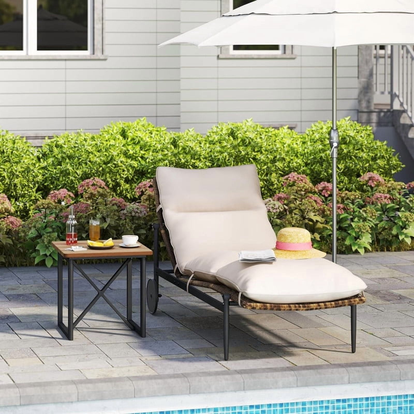 2-Piece Outdoor Poolside Chaise Lounge Sets with Side Table, Patio Rattan Lounge Chair with Cushion