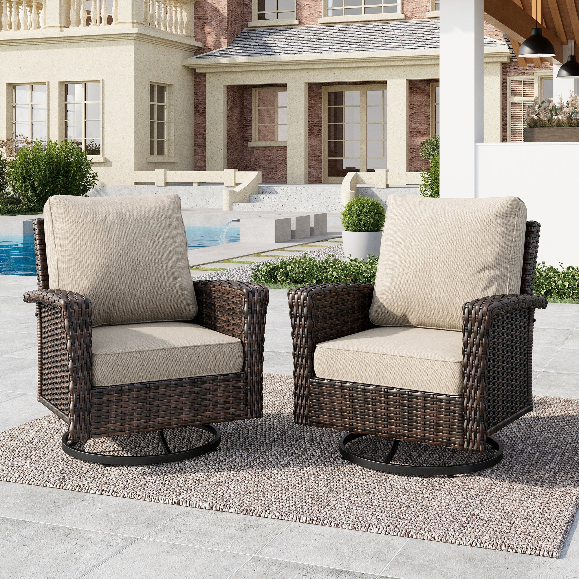 2-Piece Outdoor Swivel Chairs, Wicker Patio Club Lounge Chairs With Backrests & Cushions for Garden, Pool, Porch, Yard, Beige