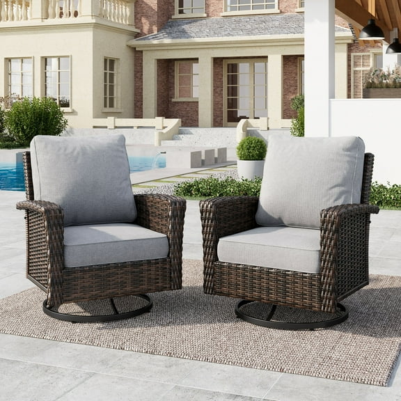 2-Piece Outdoor Swivel Chairs, Wicker Patio Club Lounge Chairs With Backrests & Cushions for Garden, Pool, Porch, Yard, Light-gray
