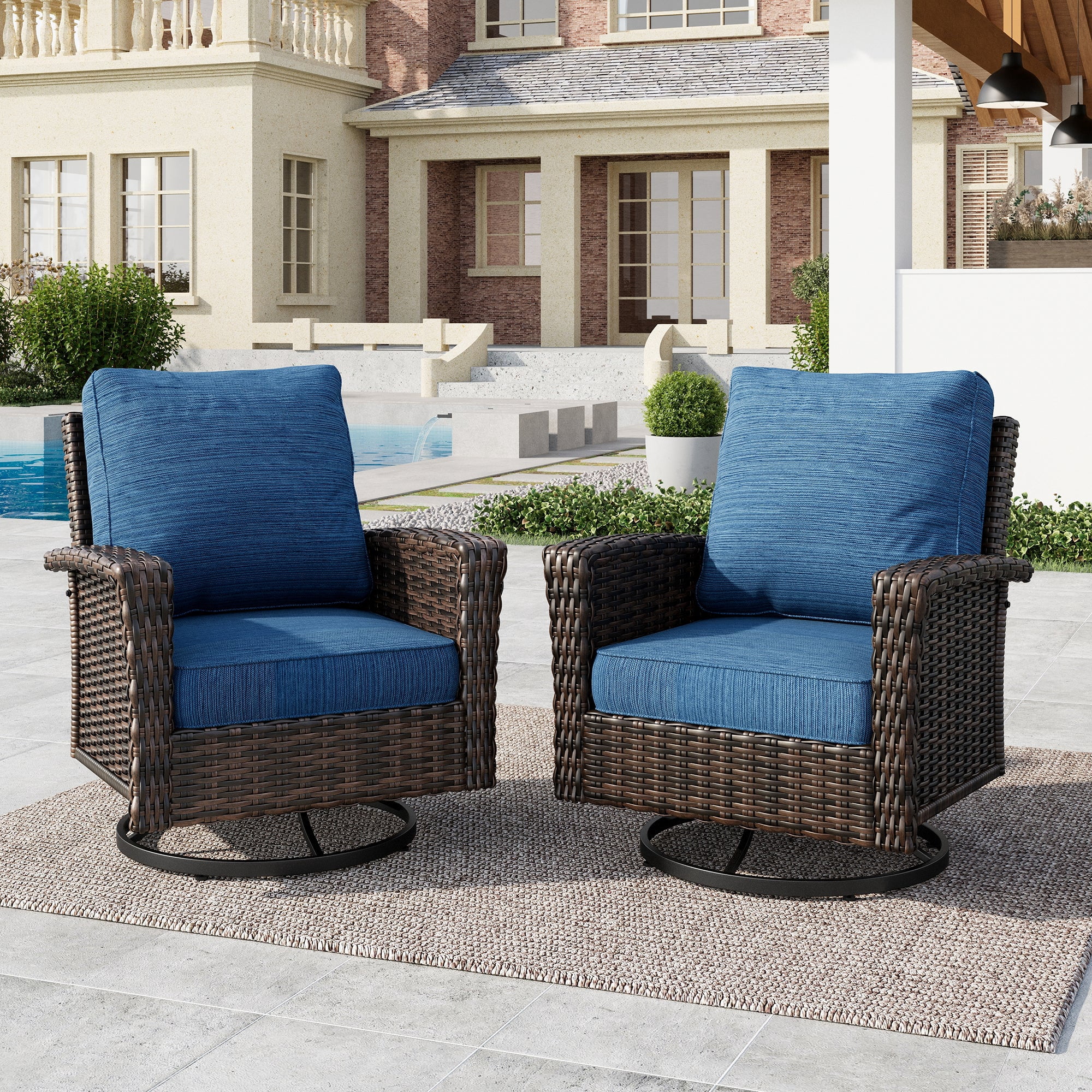2-Piece Outdoor Swivel Chairs, Wicker Patio Club Lounge Chairs With Backrests & Cushions for Garden, Pool, Porch, Yard, Peacock-blue