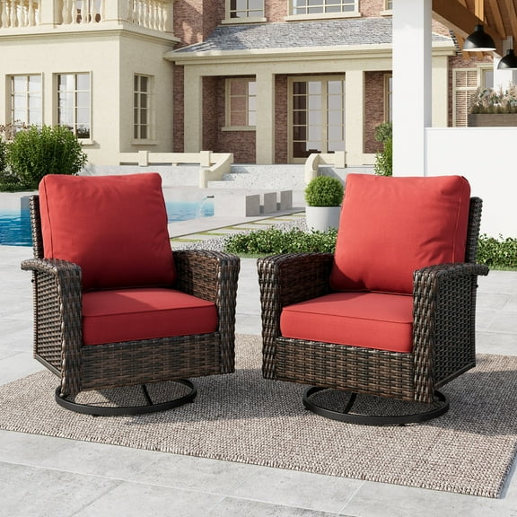2-Piece Outdoor Swivel Chairs, Wicker Patio Club Lounge Chairs With Backrests & Cushions for Garden, Pool, Porch, Yard, Red