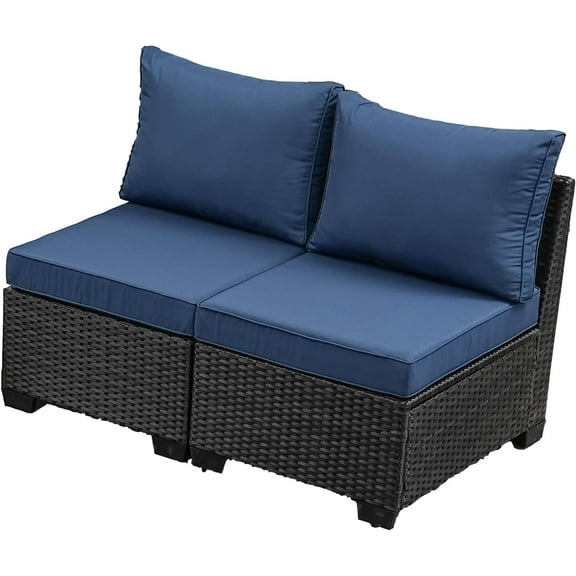 2 Piece Outdoor Wicker Armless Sofa，Patio Rattan Sectional Sofa Set w/2 Thick Seat Cushions and 2 Back Cushions, Additional Love Seats for Balcony Garden Patio Poolside,Navy