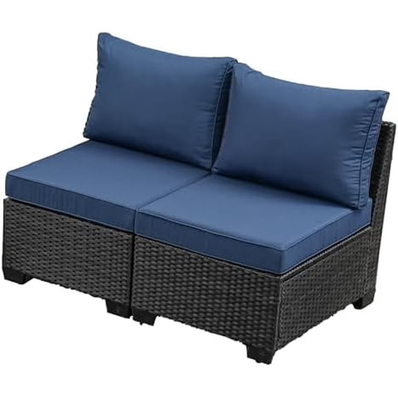 2 Piece Outdoor Wicker Armless Sofa Rattan Sectional Sofa Set w/2 Thick Seat Cushions and 2 Back Cushions, Additional Love Seats for Balcony Garden Poolside,Navy$$Garden &