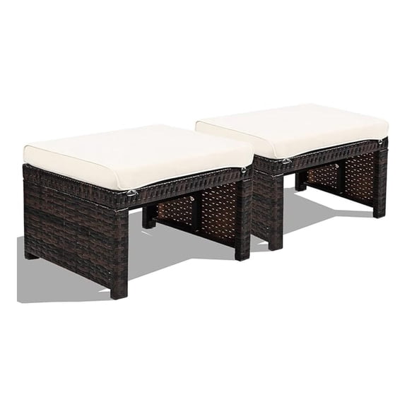 2 Piece Outdoor Wicker Ottomans, Patio Rattan Footstool with Cushions, Solid Steel Frame, Multifunctional Ottomans for Poolside Backyard Balcony