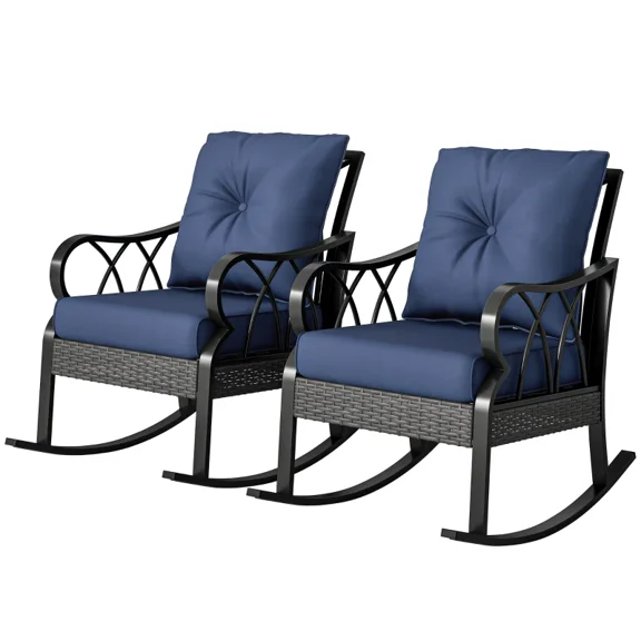 2 Piece Outdoor Wicker Rocking Chair Set with Cushions, Aluminum Frame Patio Porch Rockers for Garden, Patio and Poolside, Blue
