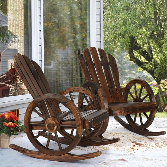 2 Piece Outdoor Wood Wagon Rocking Chair, Patio Rustic Adirondack Porch Rocker with High Back & Slatted Seat, Carbonized Wood Rocker Chair with Wagon Wheel Armrest for Indoor, Backyard, Garden