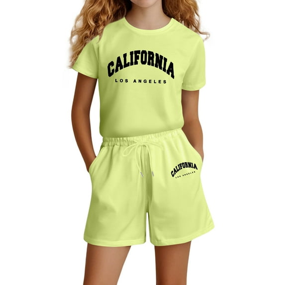 2-Piece Outfit Girls Sports Top with Sports Trousers Short Activewear Casual Clothes 6-7 Years #Light Green