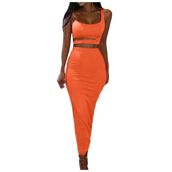 2 Piece Outfit Maxi Dress for Women Summer Deep U Neck Sleeveless Tank Crop Tops Long Skirt Set Party Bodycon Dresses Orange S