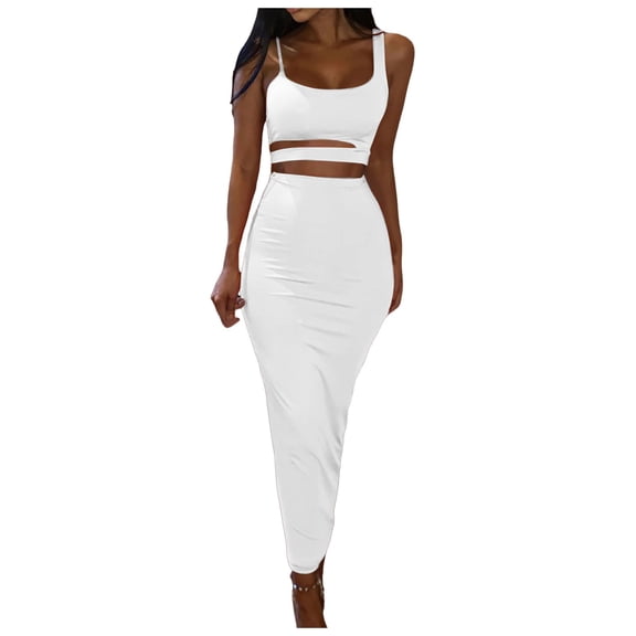 2 Piece Outfit Maxi Dress for Women Summer Deep U Neck Sleeveless Tank Crop Tops Long Skirt Set Party Bodycon Dresses White S