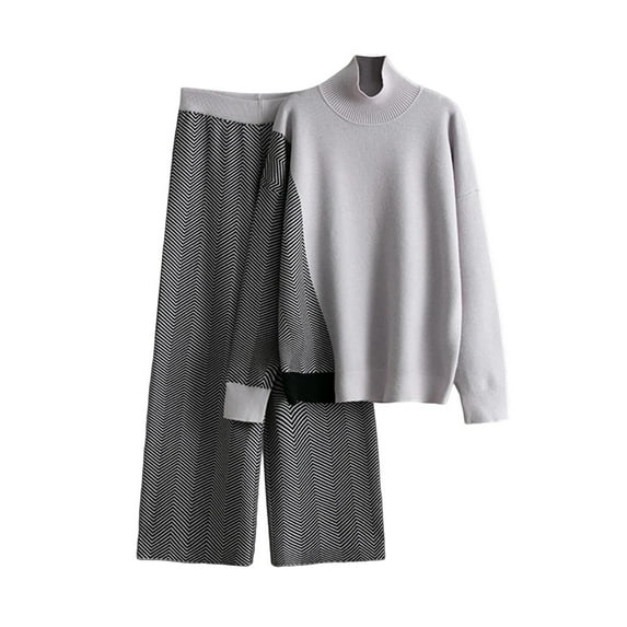 2 Piece Outfit Set for Women 2025 Color Block High Neck Knit Pullover Sweater Top and Wide Leg Pants Sweatsuit
