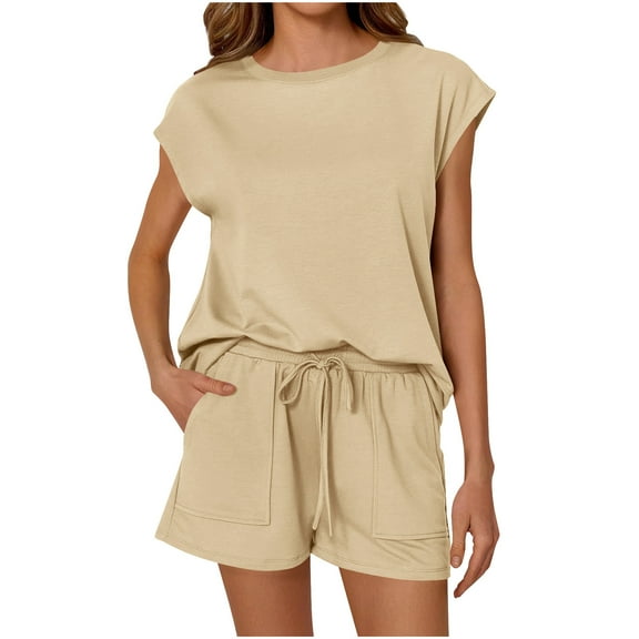 2 Piece Outfit Sets for Women Crewneck Short Sleeve Casual Summer Shirt and Cargo Elastic Waist Drawstring Shorts Suits Solid Color Lounge Pajamas Set