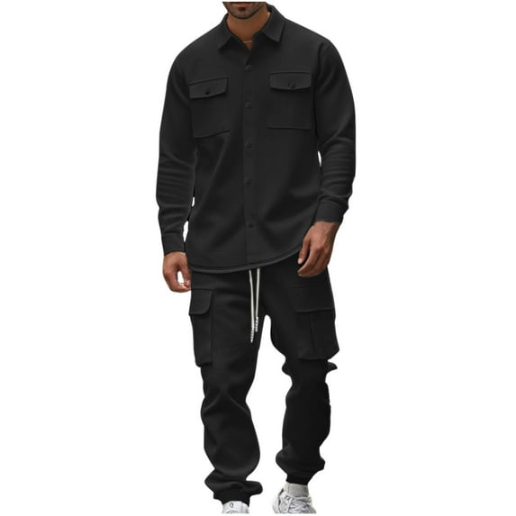 2 Piece Outfit Sets for Men Solid Color Button Down Shirt and Elastic Waist Pants Workout Running Athletic Set, L