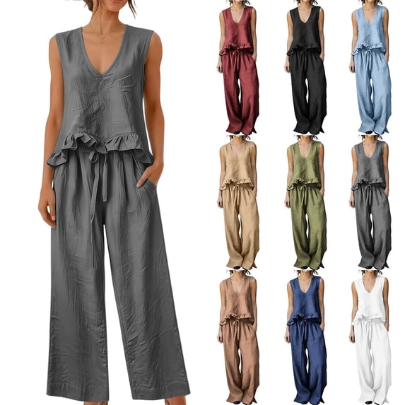 2 Piece Outfit Sets for Women 100%Cotton Ruffled Tank Top and Flowy Palazzo Trousers