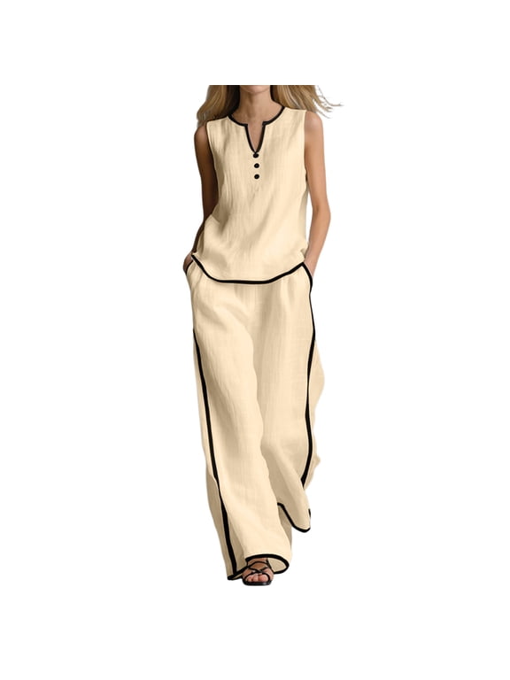 2 Piece Outfit Sets for Women 100% cotton V-Neck Button-Front Blouse & Matching Flowy Trousers