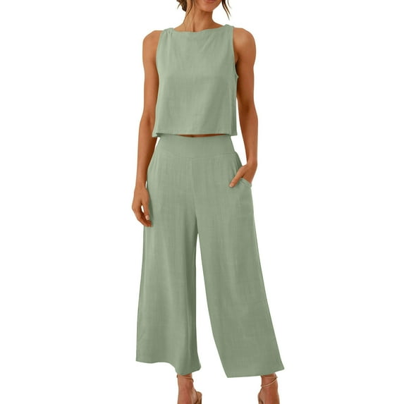 2 Piece Outfit Sets for Women Casual Crew Neck Sleeveless Shirt and Wide Leg Pants Summer Relaxed Fit Cotton Linen Suits