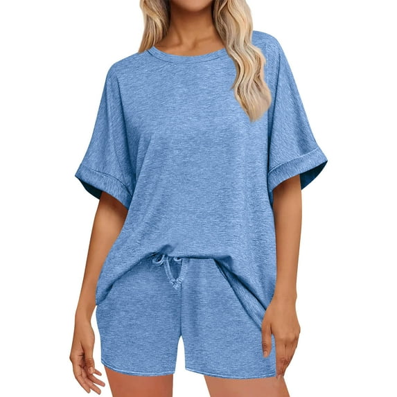 2 Piece Outfit Sets for Women Crewneck Short Sleeve Casual Summer Shirt and Shorts Suits Solid Color Lounge Pajamas Set