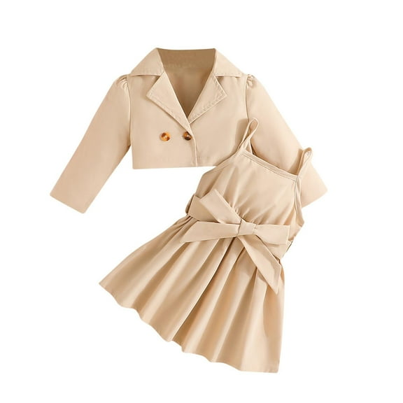 2 Piece Outfit Toddler Baby Girl Crop Blazer Jacket Tie Knot Ruffle Dress Preppy Formal Kids Clothing Set 6M-3Y, Beige, 3 Years