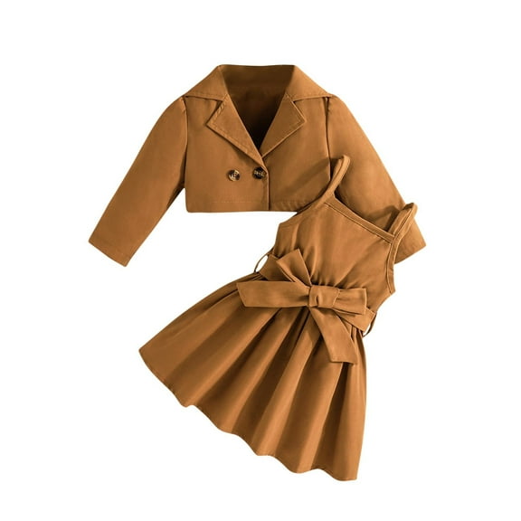2 Piece Outfit Toddler Baby Girl Crop Blazer Jacket Tie Knot Ruffle Dress Preppy Formal Kids Clothing Set 6M-3Y, Khaki, 2 Years