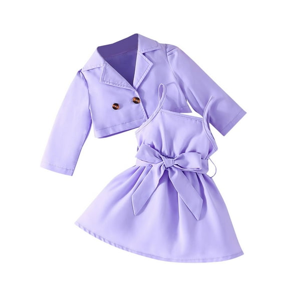 2 Piece Outfit Toddler Baby Girl Crop Blazer Jacket Tie Knot Ruffle Dress Preppy Formal Kids Clothing Set 6M-3Y, Purple, 2 Years
