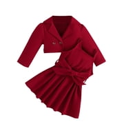 2 Piece Outfit Toddler Baby Girl Crop Blazer Jacket Tie Knot Ruffle Dress Preppy Formal Kids Clothing Set 6M-3Y, Red, 2 Years