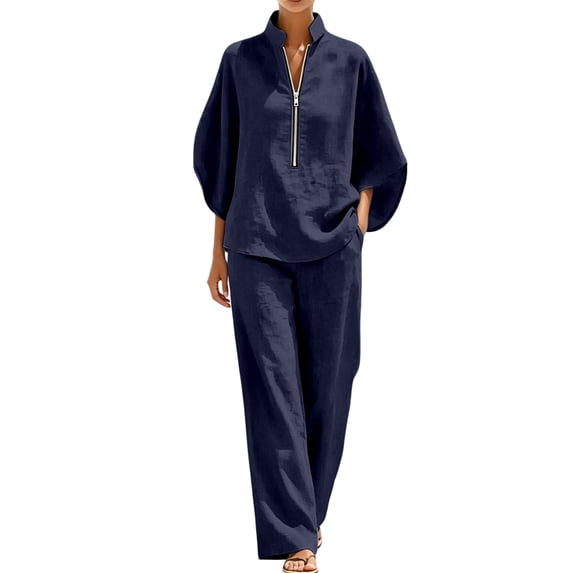2 Piece Outfit for Women Stand Collar Half Zip 3/4 Batwing Sleeve Blouse Matching Wide Leg Pants Solid Linen Look Casual Travel Suit for Spring Summer Vacation Daily Wear