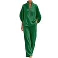 thumbnail image 1 of 2 Piece Outfit for Women Stand Collar Half Zip 3/4 Batwing Sleeve Blouse Matching Wide Leg Pants Solid Linen Look Casual Travel Suit for Spring Summer Vacation Daily Wear, 1 of 5