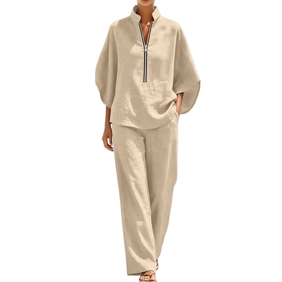 2 Piece Outfit for Women Stand Collar Half Zip 3/4 Batwing Sleeve Blouse Matching Wide Leg Pants Solid Linen Look Casual Travel Suit for Spring Summer Vacation Daily Wear