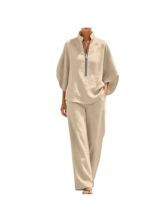 2 Piece Outfit for Women Stand Collar Half Zip 3/4 Batwing Sleeve Blouse Matching Wide Leg Pants Solid Linen Look Casual Travel Suit for Spring Summer Vacation Daily Wear