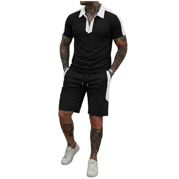 2 Piece Outfit for Men Zip Up Shirt and Shorts Set Casual Summer Tracksuit Mid Weight Summer Loungewear Black 2XL