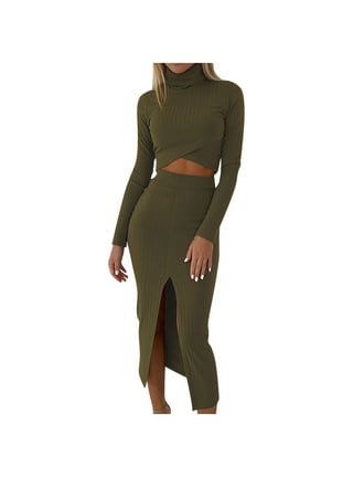 Women's 2 Piece Sweater Skirt Sets Long Sleeve Cable Knit Crop Top Pullover  and High Waist Slim Mini Skirt Outfits