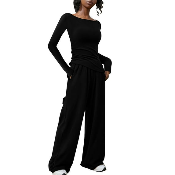 2 Piece Outfit for Women Fall Clothes Clearance Slim Fit Long Sleeve Boat Neck Top and Wide Leg High Waist Pant Suits (S, Black)