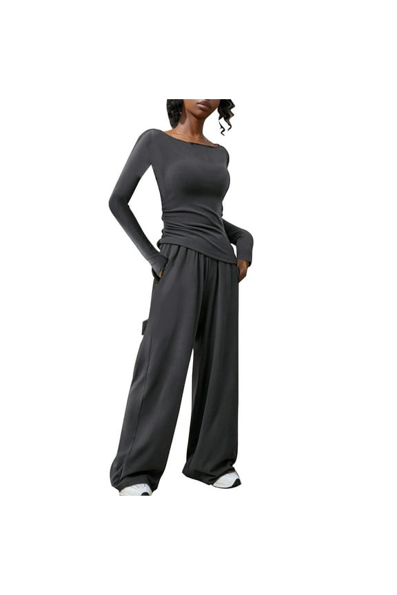2 Piece Outfit for Women Fall Clothes Slim Fit Long Sleeve Boat Neck Top and Wide Leg High Waist Pant Suits (S, Dark Gray)