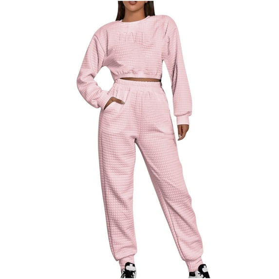 2 Piece Outfit for Women Fall Sweatsuits Waffle Knit Crop Sweatshirt and Jogger Pant Sets Pockets Casual Sportswear (2XL, Pink)