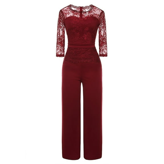 2 Piece Outfit for Women Lace Jumpsuit Three Quarter Sleeve Party And Evening Casual Jumpsuit Red L