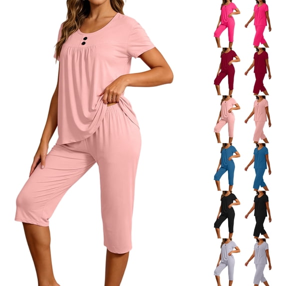 2 Piece Outfit for Women Lounge Sets Oversized Round Neck Tshirts Summer Shorts Lounge Set