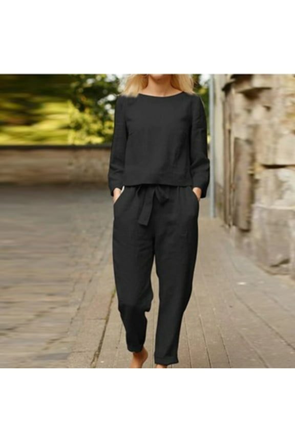 2 Piece Outfit for Women Plus Size,Women Two Piece Set Solid Long Sleeve Blouse+Loose Pants Sets