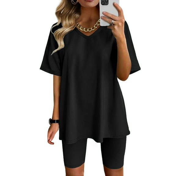 2 Piece Outfit for Women Plus Size,Women Two Piece Set V-Neck Short Sleeve Blouse Shorts Casual Suit Sets