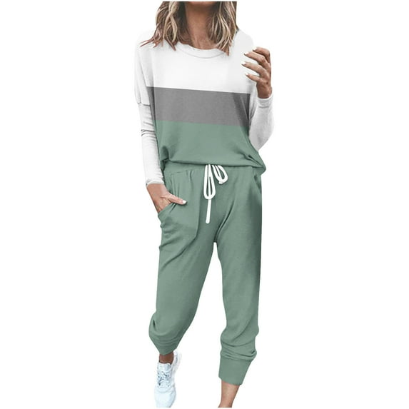 2 Piece Outfits Fall Women Solid Color 2 Piece Outfits Set for Women Women'S Round Neck Long Sleeve Top + Pants Color Blocking Home Sports Casual Yoga Suit