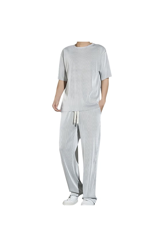 2 Piece Outfits For Men Casual Tracksuit Short Sleeve Tops And Wide Leg Long Pants Matching Lounge Sets