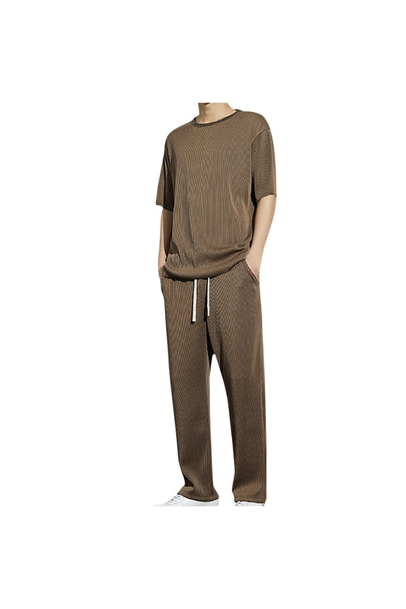 2 Piece Outfits For Men Casual Tracksuit Short Sleeve Tops And Wide Leg Long Pants Matching Lounge Sets