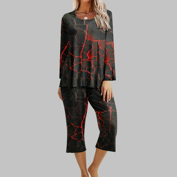 2 Piece Outfits For Women 2PC Halloween Print Round Neck Long Sleeve Two-piece Comfortable Home Pajamas Set Sports Set Up to 65% off